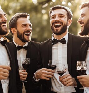A group of groomsmen gathered around, laughing and celebrating, symbolizing the fun and excitement of planning a bachelor party.