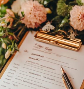 A clipboard with a printed wedding planning checklist, surrounded by flowers and a pen.