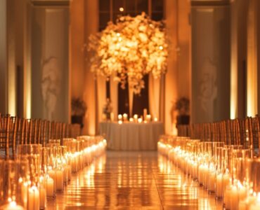A romantic wedding aisle illuminated by soft, glowing candlelight, creating a warm and elegant atmosphere for the ceremony.