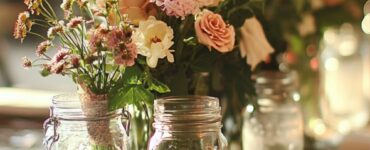 A beautifully styled wedding guest table featuring creative mason jar centerpieces, blending traditional floral arrangements with unique decorative elements for a modern and personalized touch.