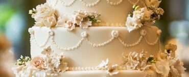 A beautifully decorated wedding cake with multiple tiers, adorned with floral decorations, showcasing its elegance and charm as a centerpiece at a wedding reception.