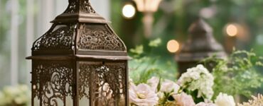 A romantic scene featuring vintage wedding decor, including antique lanterns, lace accents, and floral arrangements, evoking a timeless charm.