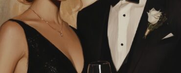 A man and woman in semi-formal wedding attire.