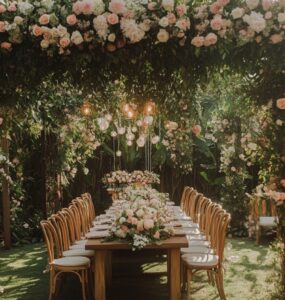 A lush outdoor garden wedding setup with floral decor, featuring a romantic atmosphere surrounded by greenery and flowers.
