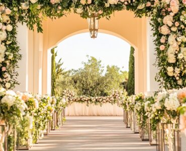 A beautifully decorated outdoor wedding aisle featuring a blend of floral arrangements, greenery, and unique walkway accents, creating a charming and picturesque setting.