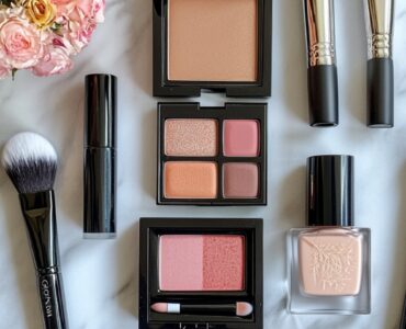 Flat lay of makeup products and brushes on a marble surface, including a foundation, eyeshadow palette, lipstick, and blush, representing a variety of bridal makeup styles.