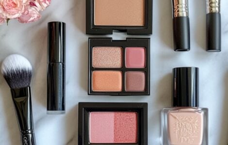 Flat lay of makeup products and brushes on a marble surface, including a foundation, eyeshadow palette, lipstick, and blush, representing a variety of bridal makeup styles.