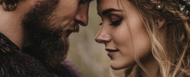 A newly engaged couple exploring Viking-themed wedding ideas, featuring Nordic cultural elements and traditions for inspiration.