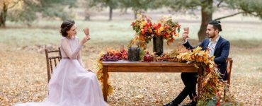 wedding sweetheart table with bride and groom