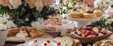 A cozy bridal shower brunch setting featuring a beautifully set table with elegant floral arrangements, plates of breakfast and lunch items, and a cheerful group of friends and family enjoying the celebration. The atmosphere is warm and inviting, highlighting the versatility of brunch for special occasions.