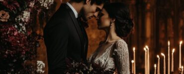 A romantic gothic wedding scene with a candle-lit setting, dark floral centerpieces, and a couple in elegant gothic attire under a dramatic arch.