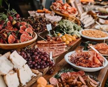 A beautifully arranged grazing table at a wedding, featuring a variety of food options that allow guests to serve themselves while adding to the event’s decor.