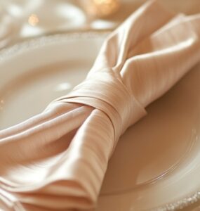 A close-up of a linen napkin folded elegantly on a wedding table, complementing the table setting and decor.