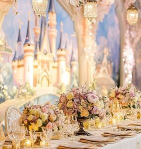 A dreamy Disney-themed wedding setup, featuring magical decorations, fairy tale-inspired details, and romantic elements straight out of classic Disney movies.
