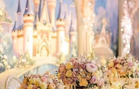 A dreamy Disney-themed wedding setup, featuring magical decorations, fairy tale-inspired details, and romantic elements straight out of classic Disney movies.