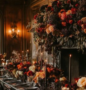 An elegantly decorated wedding venue with Halloween-themed accents, featuring dark floral arrangements, eerie candlelight, and Gothic decor details.