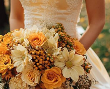 Bride holding a bouquet of fall flowers, including vibrant orange, yellow, highlighting an autumn-inspired color palette.