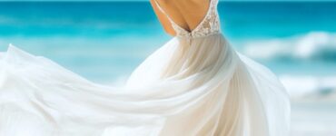 A bride standing barefoot on soft white sand with a flowing beach wedding gown, soft waves crashing in the background, and a tropical breeze rustling the dress.