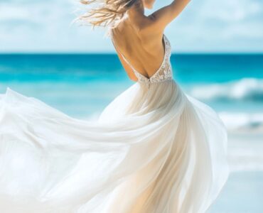 A bride standing barefoot on soft white sand with a flowing beach wedding gown, soft waves crashing in the background, and a tropical breeze rustling the dress.