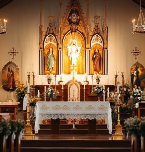 An image of a beautifully decorated Catholic church with an altar, candles, and religious symbols, signifying the sacred setting of a Catholic wedding ceremony.