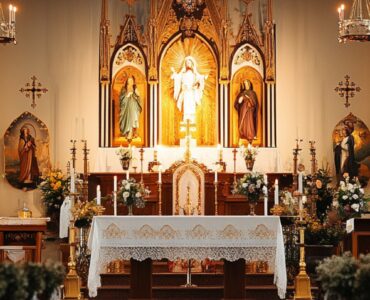 An image of a beautifully decorated Catholic church with an altar, candles, and religious symbols, signifying the sacred setting of a Catholic wedding ceremony.