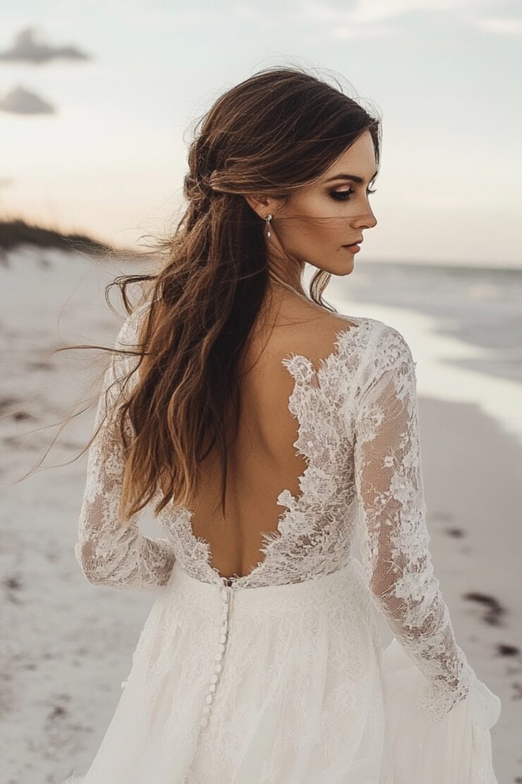 long sleeve wedding dress beach Rustic Lace With Lining A-line Wedding 0901 BLACK AND WHITE FLOWERS Color:Cherry_Red