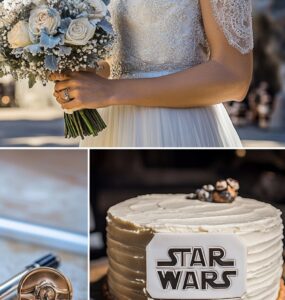 Star Wars-themed wedding elements, including a bride holding a lightsaber bouquet, a Han and Leia wedding cake, engraved wedding rings with Star Wars phrases, and a themed wedding sign, set against a galactic backdrop.