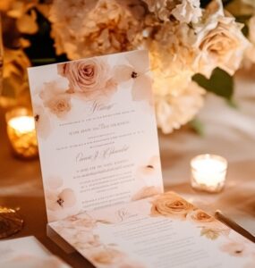 A beautifully designed wedding program booklet placed on an elegantly set table, surrounded by floral decorations and candles.