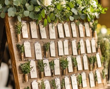 Wedding reception seating chart decorated with rustic and modern elements, featuring various creative designs such as calligraphy signs and greenery accents.