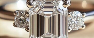 A close-up of a stunning emerald cut diamond engagement ring, radiating timeless elegance and perfect for brides who love classic styles.