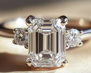 A close-up of a stunning emerald cut diamond engagement ring, radiating timeless elegance and perfect for brides who love classic styles.