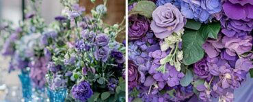 A vibrant and elegant wedding scene featuring a color palette of purple and blue, with floral arrangements, bridesmaid dresses, and decor harmonizing beautifully to create a romantic atmosphere.
