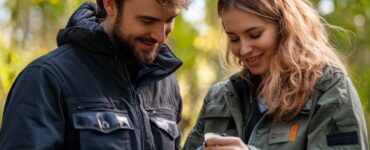 A couple on a geocaching adventure, holding a smartphone with a geocaching app, searching for hidden treasures in a scenic park.
