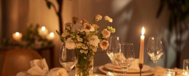 Romantic dinner setup at home with candles and flowers, creating an intimate and cozy ambiance for a special evening