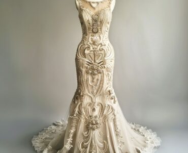 A vintage-inspired wedding dress with a fitted bodice, dramatic flared skirt, beaded embellishments, intricate embroidery, and an illusion neckline for old Hollywood glamour.