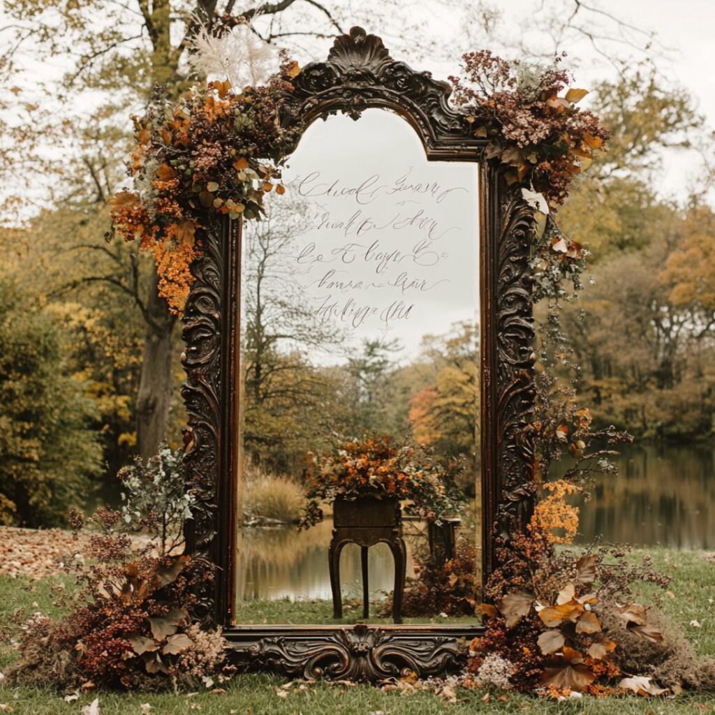 Elegant antique mirror with calligraphy and surrounded by fall foliage, offering a sophisticated and reflective backdrop for a timeless autumn ceremony.