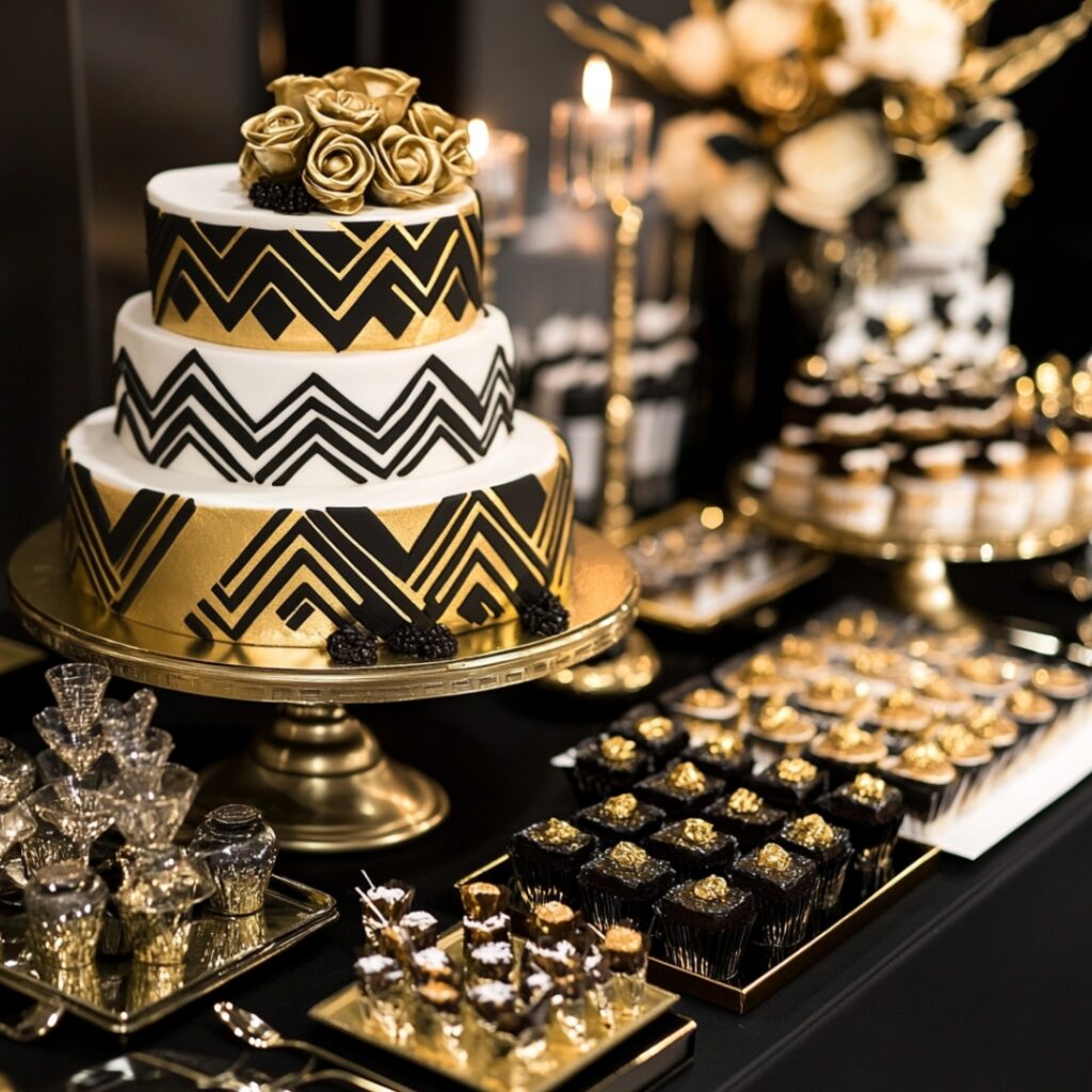 An Art Deco dessert table with a black and gold geometric theme, featuring gold-dusted chocolates, mirrored trays, and a cake with bold patterns for a 1920s-inspired wedding.