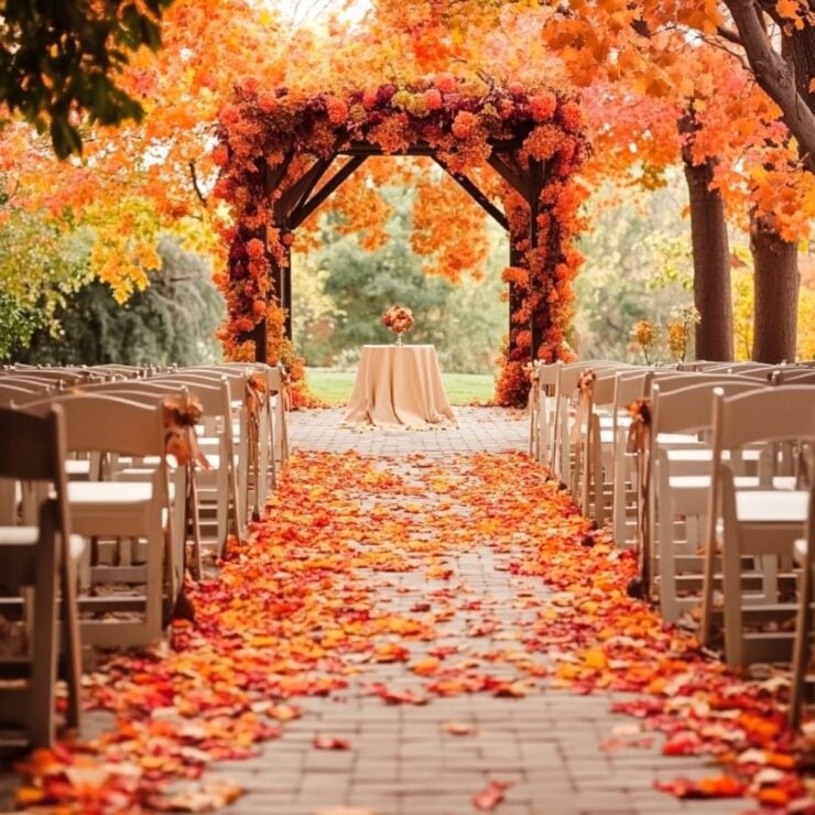 Embrace the colors, textures, and warmth of autumn to create an unforgettable wedding ceremony backdrop, enhancing your special day with seasonal beauty and ambiance.