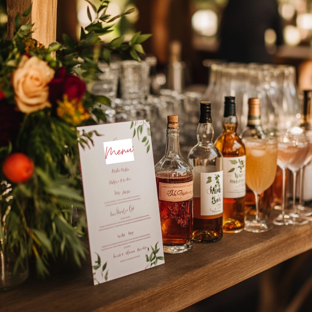 A well-designed bar menu sign at a wedding, listing available alcoholic and non-alcoholic drinks, wines, beers, and mixers in a layout that complements the wedding theme.