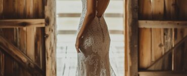 barn wedding dress styles, showcasing a range from vintage tea-length to modern minimalist designs, each reflecting the rustic charm and beauty of a barn venue.