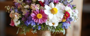 rustic floral arrangements including wildflowers, lavender bundles, and other charming florals, showcasing the natural beauty and personal touch they bring to a barn wedding, enhancing the warm and magical atmosphere of the venue.