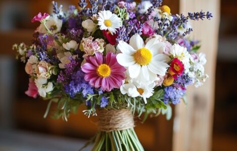 rustic floral arrangements including wildflowers, lavender bundles, and other charming florals, showcasing the natural beauty and personal touch they bring to a barn wedding, enhancing the warm and magical atmosphere of the venue.