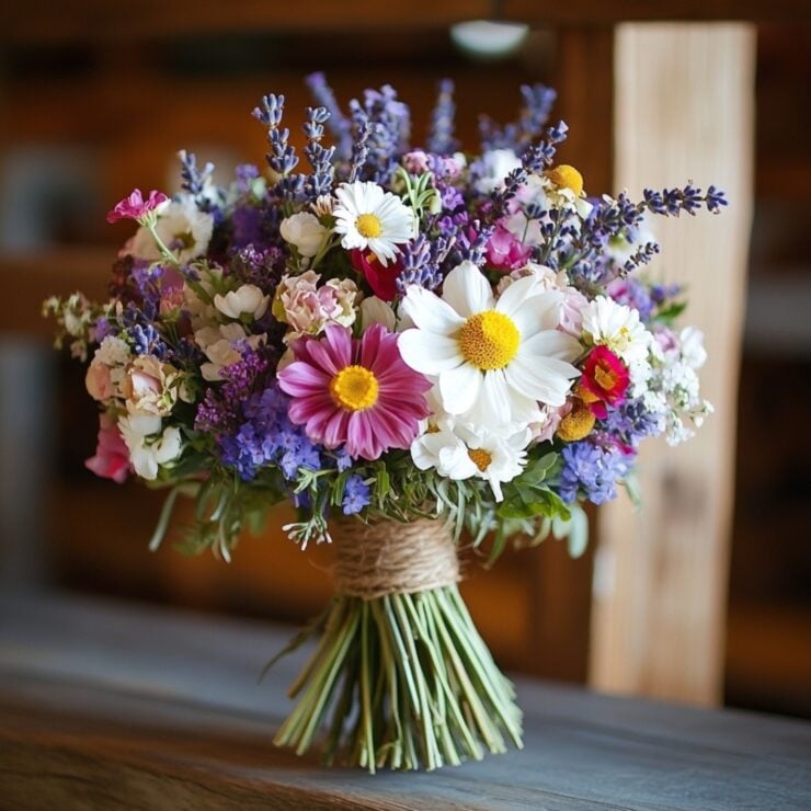 rustic floral arrangements including wildflowers, lavender bundles, and other charming florals, showcasing the natural beauty and personal touch they bring to a barn wedding, enhancing the warm and magical atmosphere of the venue.