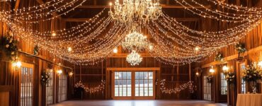 A beautifully lit barn wedding venue with a combination of chandeliers, string lights, and candlelight, creating an enchanting and memorable atmosphere.