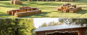 A picturesque barn wedding reception featuring rustic elements like hay bale seating and a s’mores bar, creating a warm, personalized, and memorable celebration.