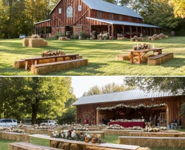 A picturesque barn wedding reception featuring rustic elements like hay bale seating and a s’mores bar, creating a warm, personalized, and memorable celebration.