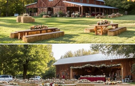 A picturesque barn wedding reception featuring rustic elements like hay bale seating and a s’mores bar, creating a warm, personalized, and memorable celebration.