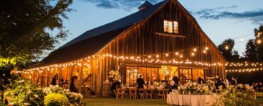 A rustic barn wedding venue illuminated by soft lighting, surrounded by natural beauty, promising a magical and unforgettable wedding day.