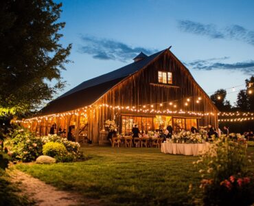 A rustic barn wedding venue illuminated by soft lighting, surrounded by natural beauty, promising a magical and unforgettable wedding day.