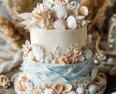 A beach-themed small wedding cake showcasing designs with seashell accents, tropical florals, and ocean-inspired elements, perfect for reflecting the beauty of the sea and personalizing a coastal wedding celebration. Choose a cake that aligns with your love story and the beach setting for a stunning centerpiece.